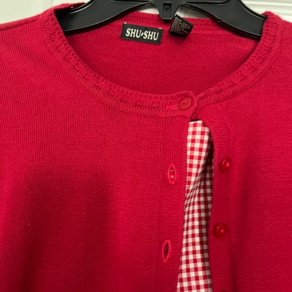 Red check dress by ABS with red Shu Shu cardigan - Picture 4 of 4